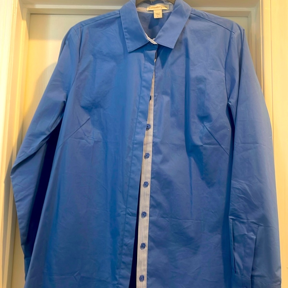 COLDWATER CREEK LS BLOUSE BLUE L PLACKET IS BLUE/WHITE STRIPED. EC